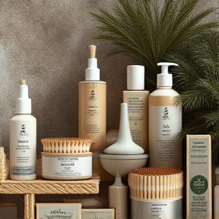 Eco-friendly natural products arranged on a wooden surface